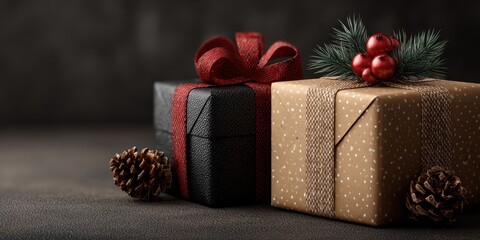 Gift boxes wrapped with festive decorations on a dark surface for holiday season celebrations