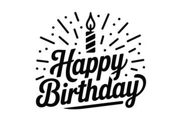 A happy birthday graphic with a candle and radiating lines in black and white illustration style