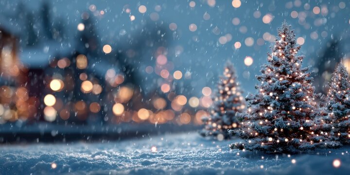 Dreamy winter landscape with snow-covered trees and glowing lights in a serene setting during the holiday season