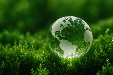 Crystal Earth Globe Surrounded by Lush Green Forest Moss Environmental Conservation Concept
