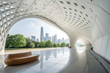 Obraz premium Modern Architectural Wonder with Cityscape Views and Organic Seating Reflecting Innovation and Sleek Design in a Bright, Open Space