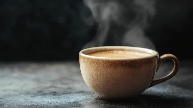 Steaming cup of coffee on dark background