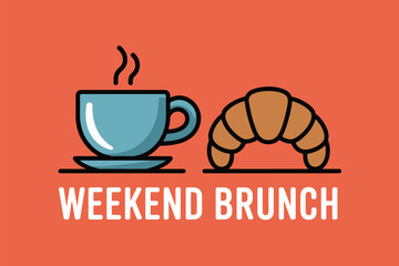 A cartoon style image of a cup of coffee and a croissant for a weekend brunch on an orange background