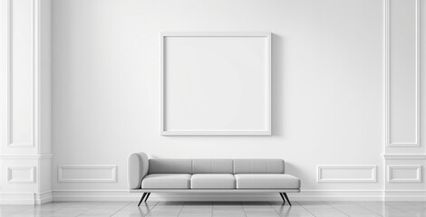 Minimalist living room with blank picture frame and gray sofa as interior design mockup for artwork or poster presentation on white wall template. Ai generative