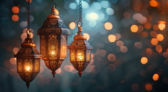 Ornate Lanterns with Warm Glow Against a Blue and Orange Bokeh Background