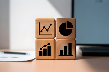 Wooden Blocks with Business Graph, Chart and Analytics Icons Representing Data Growth and Performance