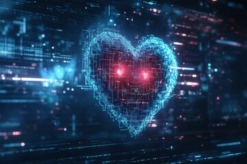 A glowing green heart symbol shines brightly against a complex digital code background, creating a striking visual
