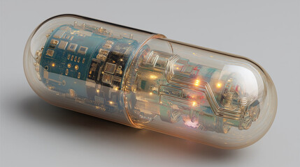 Transparent capsule with glowing circuitry representing futuristic biotechnology and innovation isolated on gray background 
