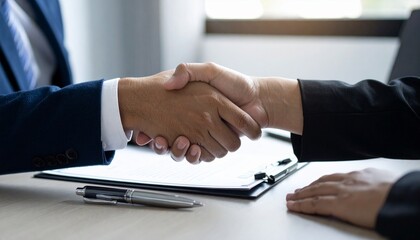 Obraz premium Business partners shaking hands to finalize a successful contract agreement in an office meeting
