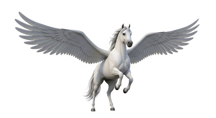 A majestic white pegasus with large wings rearing up on a plain white background in a studio shot © Hassan