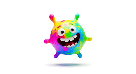 A colorful cartoon monster with a big smile floating on a white background in a studio shot