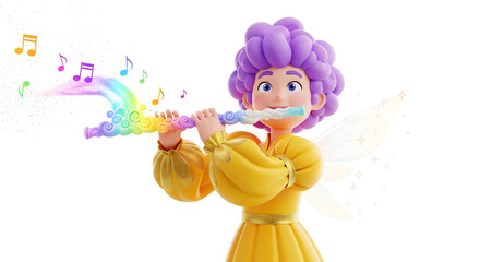 Cartoon girl with purple hair playing a rainbow flute with musical notes floating around her head © Hassan