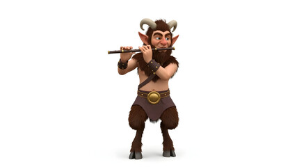 A cartoon satyr with horns playing a flute standing on a white background in a full shot view