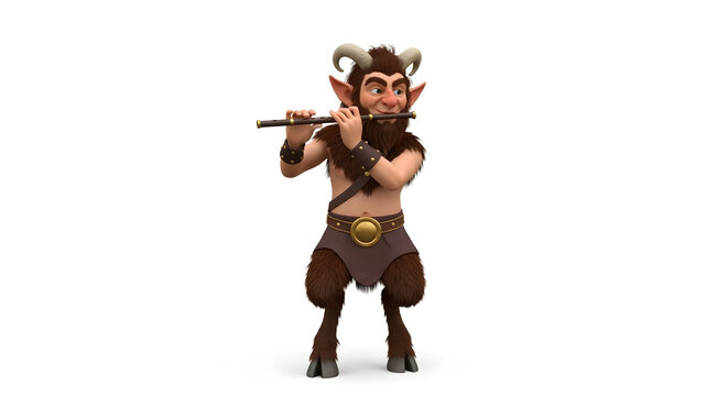 A cartoon satyr with horns playing a flute standing on a white background in a full shot view