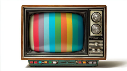 Television with colorful test pattern stripes isolated on white background, symbolizing broadcast signal, media, and retro tech.