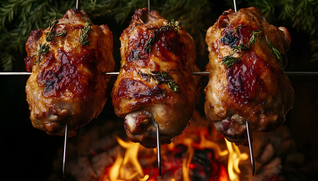 Three whole roasted chickens on metal skewer turning over open fire. Juicy, crispy golden brown poultry meat cooks evenly, displaying delicious appetizing texture