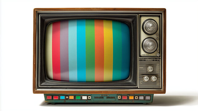 Television with colorful test pattern stripes isolated on white background, symbolizing broadcast signal, media, and retro tech. - Powered by Adobe