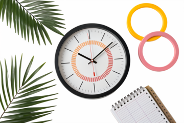 Creative workspace flat lay with a modern analog clock, green tropical palm leaves, and colorful office supplies on a clean white background