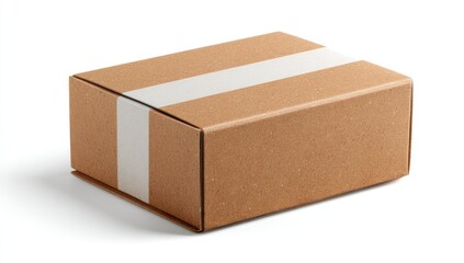 A closed cardboard box, light beige in color, sits on a white background. A horizontal strip of white tape runs along its center