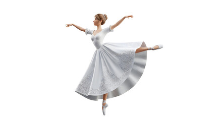A ballerina in a white dress and pointe shoes performing a graceful ballet pose on a white background © Hassan