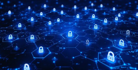 Digital cyber security concept showing glowing padlocks on a hexagonal mesh network grid over a deep blue futuristic background with data points. Ai generative
