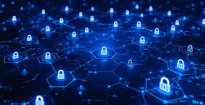 Digital cyber security concept showing glowing padlocks on a hexagonal mesh network grid over a deep blue futuristic background with data points. Ai generative