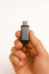 Close-up of a sleek black USB Type-C flash drive held in hand. Concept of modern portable storage, minimalist tech accessories, and digital data transfer devices.