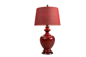 Elegant crimson table lamp, ornate ceramic base, matching fabric shade. Provides warm ambient light and sophisticated decorative accent for interior design