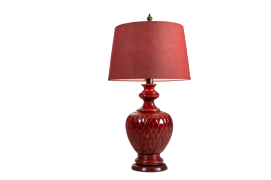 Elegant crimson table lamp, ornate ceramic base, matching fabric shade. Provides warm ambient light and sophisticated decorative accent for interior design