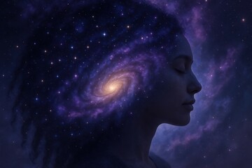 Ethereal portrait of woman merged with cosmic nebula and stardust in dreamy double exposure