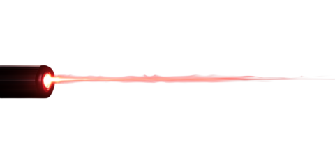 Bright red laser beam emitting from a dark cylindrical object isolated on transparent background