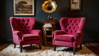 Vintage velvet armchairs in luxury setting with gramophone, nostalgic elegance