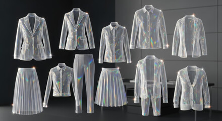 Elegant transparent work outfits displayed on hangers, showcasing a variety of styles including blazers, skirts, and trousers, perfect for corporate and professional settings with modern aesthetics