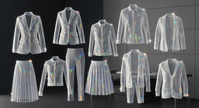Elegant transparent work outfits displayed on hangers, showcasing a variety of styles including blazers, skirts, and trousers, perfect for corporate and professional settings with modern aesthetics