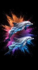 Image of Two dynamic dolphins with glowing neon blue lines leaping through colorful powder explosions against a dark background. printed on Printed Aluminium Shower Panels