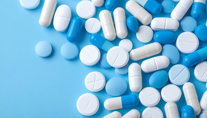 Assorted pills and capsules on a light blue surface