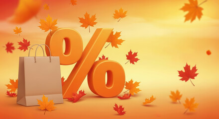 Vibrant autumn scene featuring large discount percentage symbol, shopping bag, and colorful falling leaves, capturing the essence of seasonal sales and Halloween festivities