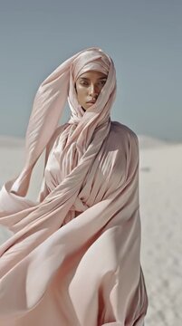 Cinematic Portrait shot of Muslim Woman in Soft Pink Hijab in Desert