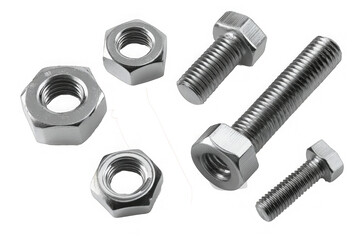 A collection of various metallic bolts and nuts with threaded designs on transparent background. 
