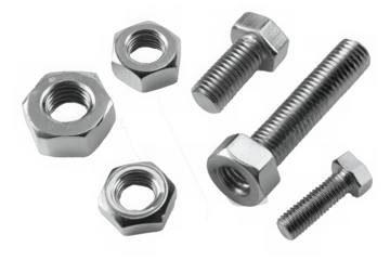 A collection of various metallic bolts and nuts with threaded designs on transparent background. 
