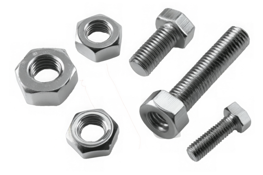A collection of various metallic bolts and nuts with threaded designs on transparent background. 
