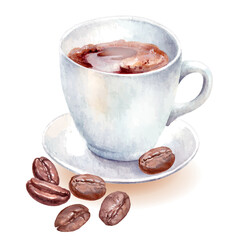 Watercolor illustration of a hot coffee cup with roasted beans on saucer. Hand painted artwork for cafe menu, packaging, posters, and coffee shop design.
