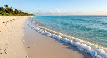 Obraz premium Serene tropical beach paradise with gentle waves and palm trees under a clear blue sky