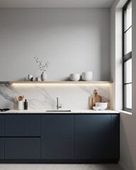 Modern Minimalist Kitchen Navy Blue with White Marble Countertop Vertical Portrait