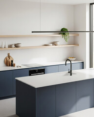 Contemporary Kitchen with Deep Blue Island and Light Wood Shelving Vertical View