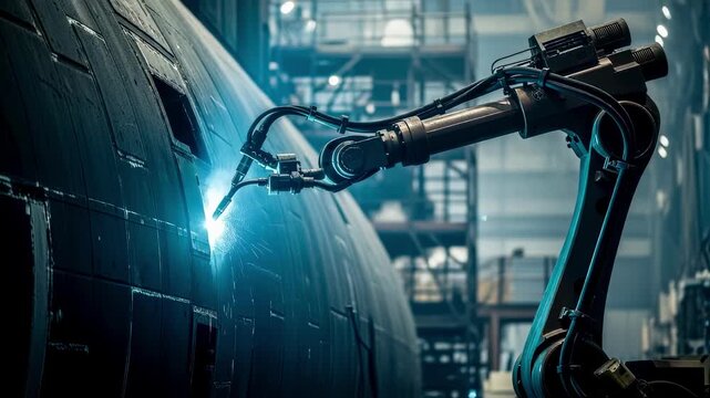 Industrial robotic arm performing automated welds on large submarine hull components in a controlled shipyard environment.