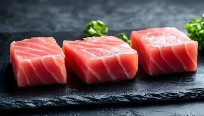 Three raw tuna pieces lying on a black slate board, ready to be prepared for sushi or sashimi