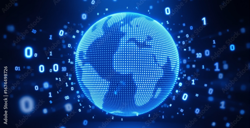 Wall mural digital globe formed by glowing blue dots surrounded by binary code, representing global data and te