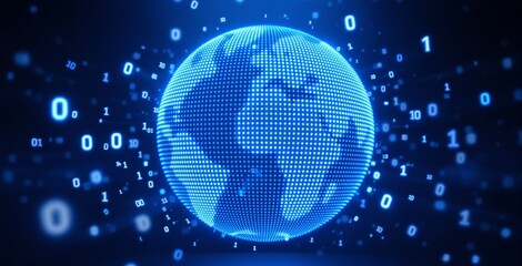 Digital globe formed by glowing blue dots surrounded by binary code, representing global data and technology concept on dark blue background. Ai generative