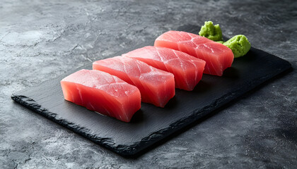 Three raw tuna pieces lying on a black slate board, ready to be prepared for sushi or sashimi